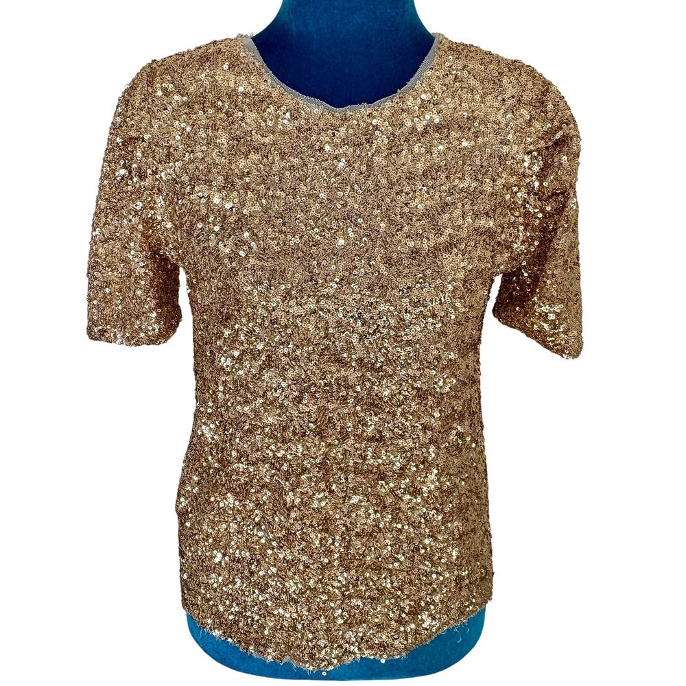 ZARA Gold Sequined Mesh Tee Top Puffed Sleeve Pullover